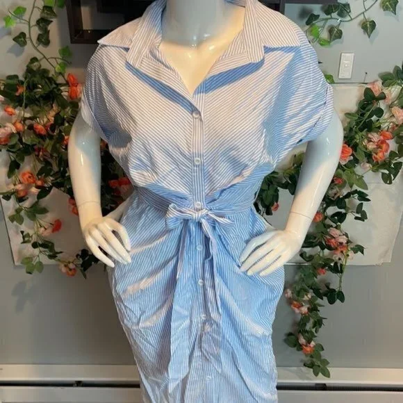 CUPSHE Short Casual Style Pin Stripe Button Down Light Blue Dress Size M - Picture 9 of 11